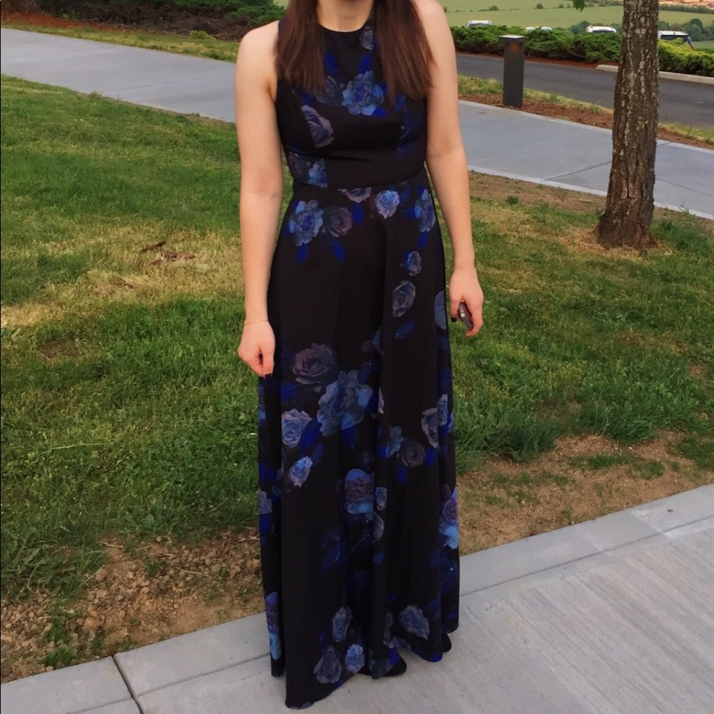 BLACK PROM DRESS WITH BLUE ROSES AND CROSS BACK